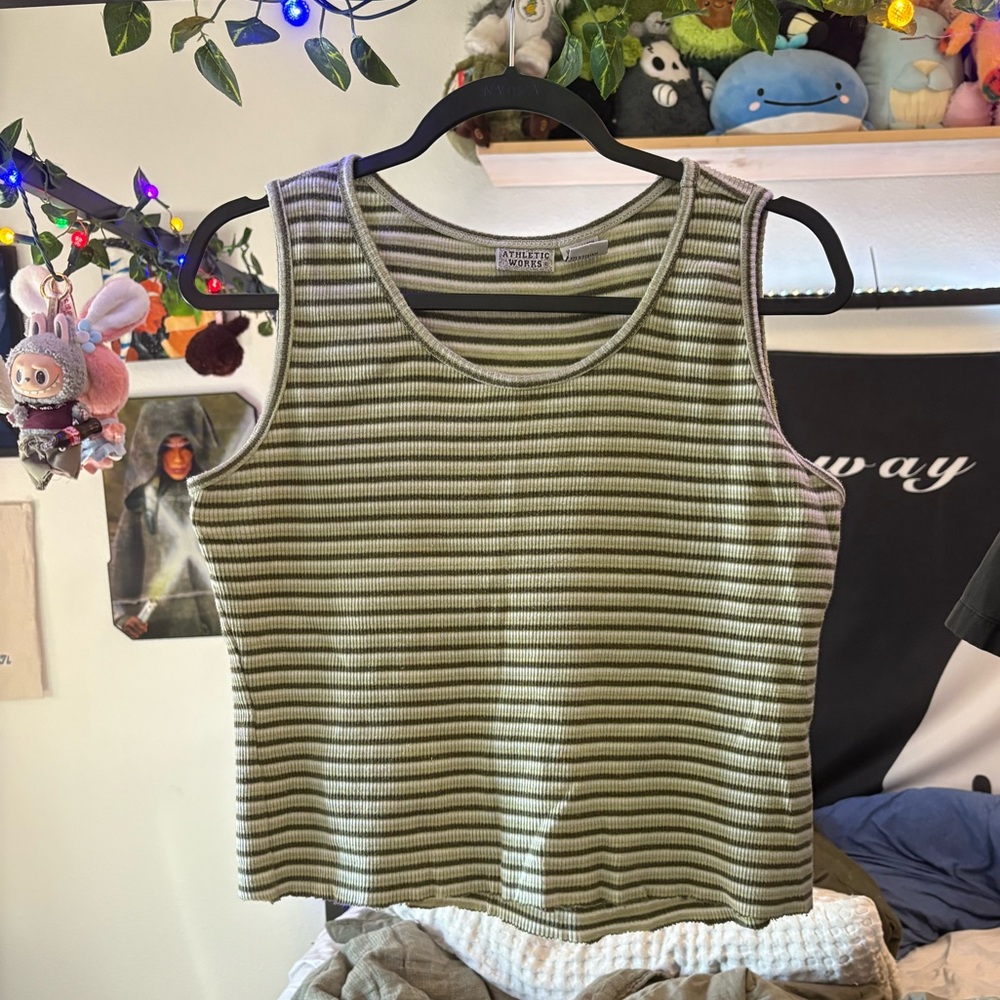 Athletic Works Olive and Cream Striped Top
